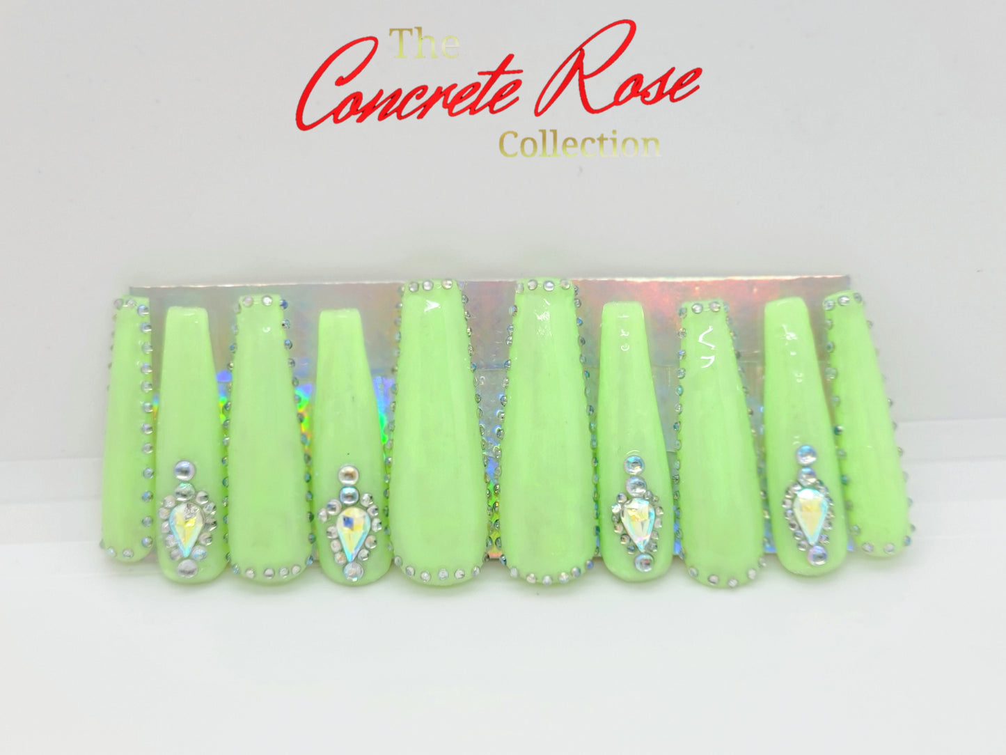 Lime Rhinestone Long Coffin Press-On Nails