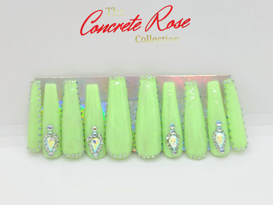 Lime Rhinestone Long Coffin Press-On Nails