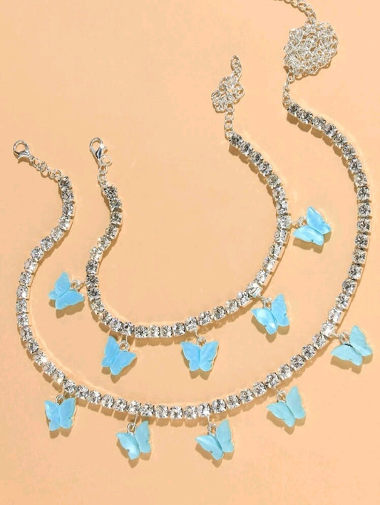 Blue Butterfly Necklace and Anklet Set