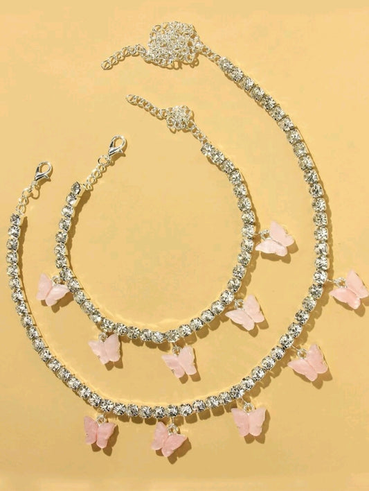 Pink Butterfly Gemstone Necklace Set